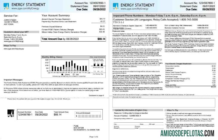 Em branco EUA Califórnia PG&E (Pacific Gas And Electric Company) Conta de serviços públicos, modelo Word e PDF, 6 páginas 1 2